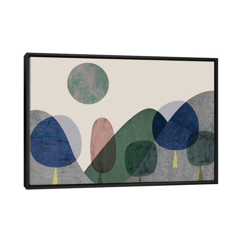 «Trees And Mountains» par Flatowl, impression sur toile, H 18 po x l 26 po x P 1,5 po, Toile avec cadre noir, Pas de tapis