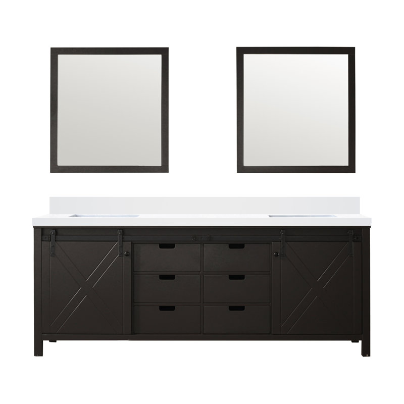 Ensemble de meuble-lavabo double l 84 po x P 22 po et miroirs 34 po Marsyas, Brun, Quartz blanc