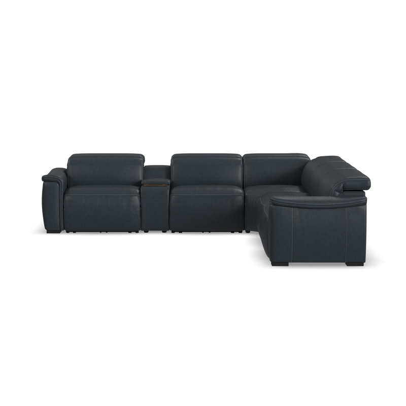 Canapé modulaire 5 places avec console Caldwell, Cuir véritable bleu