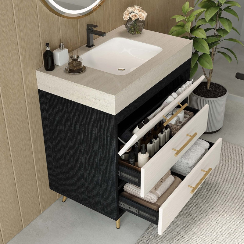 Meuble-lavabo autoportant avec lavabo vasque en céramique, deux tiroirs à fermeture en douceur et plateau en pierre frittée pour les salles de bain modernes