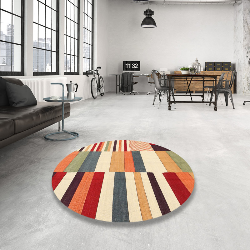 Tapis contemporain crème / rouge / gris, Rond 5 pi
