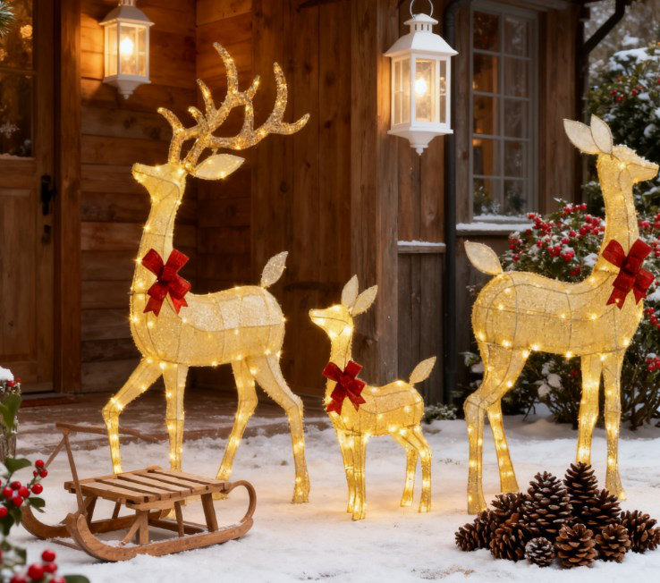 Ensemble de 3 décorations de Noël pour famille de cerfs de Noël éclairés avec 2 modes, 52,8 po de présentation de renne en acier et polyester argenté | Idée de cadeau