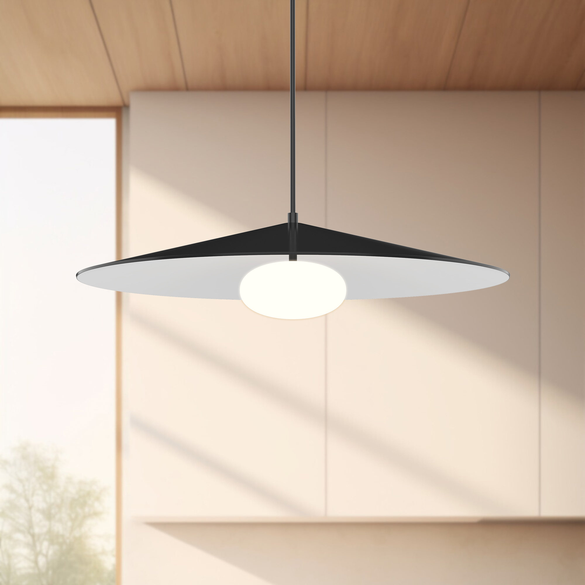 Cruz Single Light Glass Textile Dimmable Pendant, Black/White
