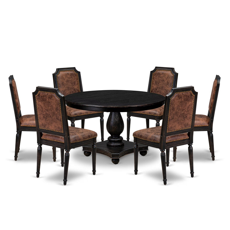 L'ensemble de salle à manger 7 pièces 1C63F3AD53FE4EC59EC2748B97FAA538 comprend une table ronde et 6 chaises en polyester, noir sablage