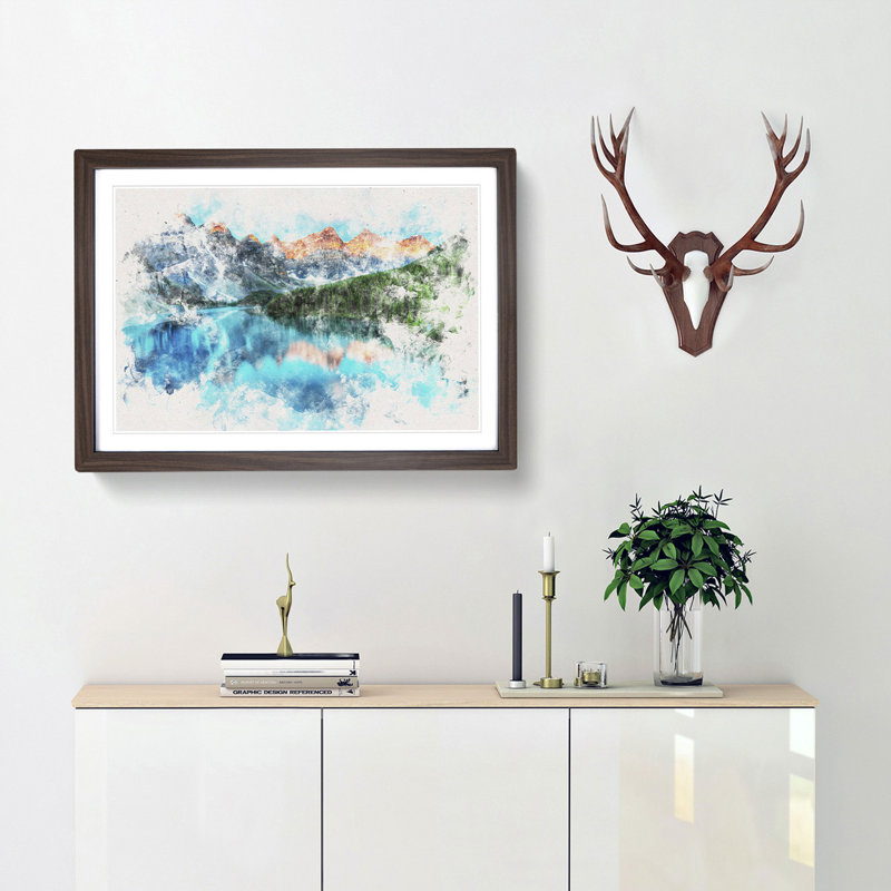 Banff National Park in Alberta Canada Watercolour - Picture Frame Graphic Art Print, 45cm H x 63cm W x 2cm D, Walnut Framed