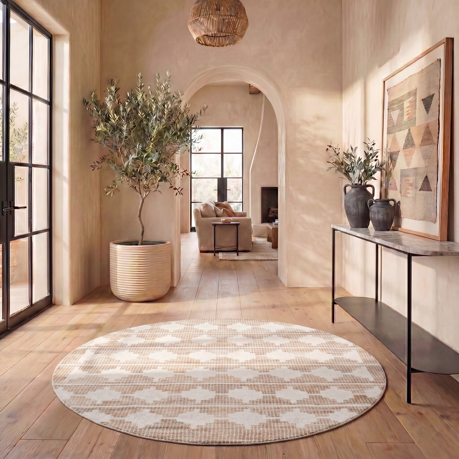 Ivory Natural Hand-Loomed Jute Wool Rug, Round 6'