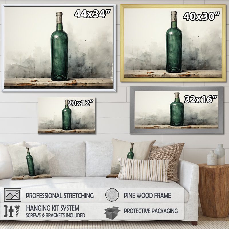 Vert minimaliste bouteilles de vin Silhouette III - art mural vin, H 34 po x l 44 po x P 1,5 po, Cadre de coin blanc fermé