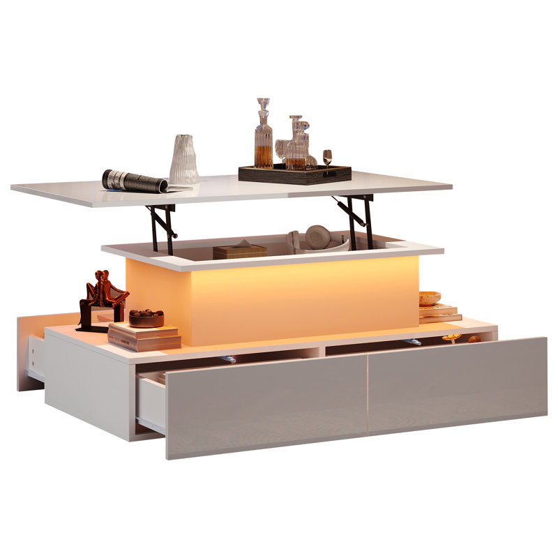 Table basse à hauteur réglable 35,4 po avec DEL et quatre tiroirs Fairmont, Blanc
