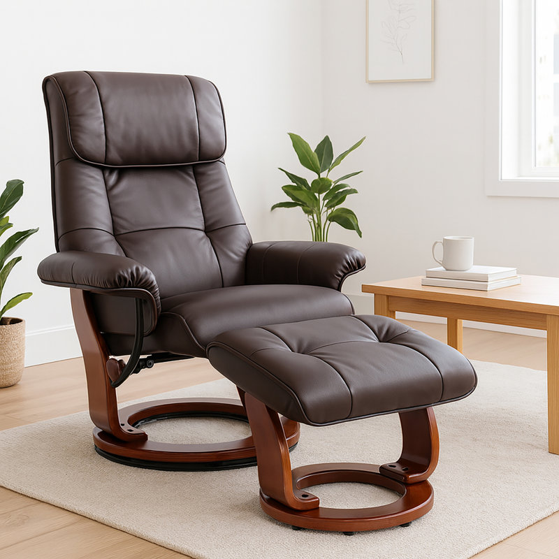 Célia Leather Swivel Recliner with Ottoman, Brown