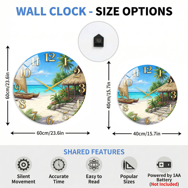 "Tropical Beach", horloge murale en verre, 60 x 60 cm (23,6 x 23,6 pouces)