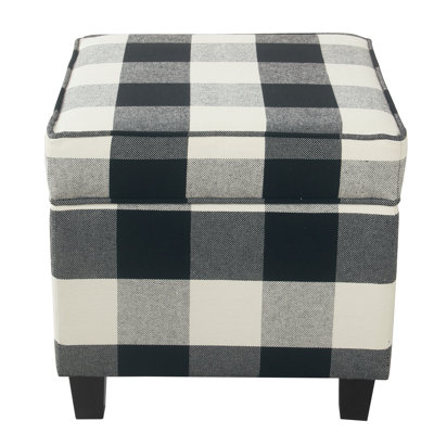 Pyp Square Storage Ottoman, 18 Inch Black Plaid Cotton, Ebony Legs