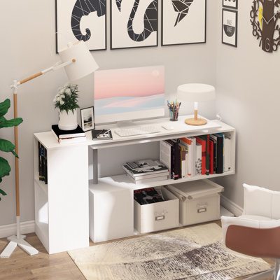 360° Rotating Desk With 3 Storage, 55" L-shaped Home Office Workstation, White, For Bedroom, Living Room, Dorm, Rotatable Desk, Modern White Setup Shelves, Space Saving