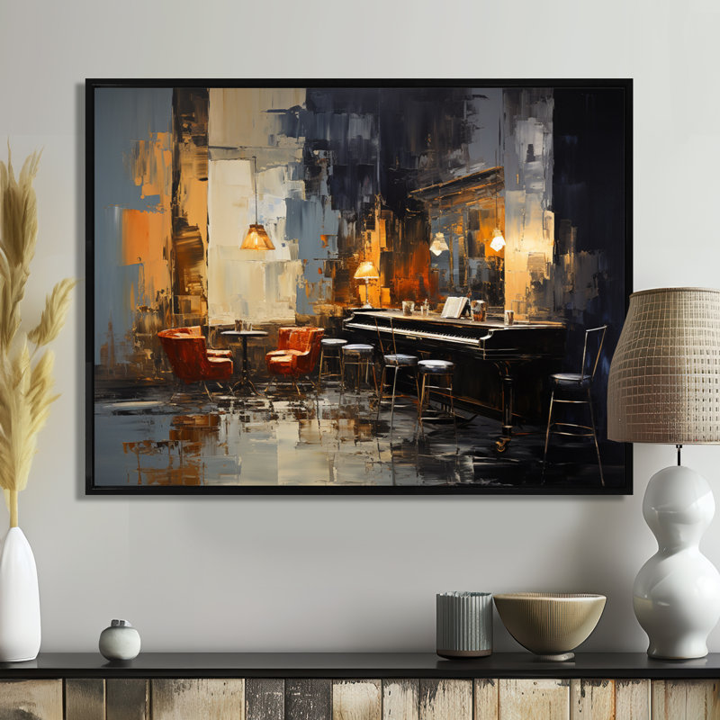 Rétro Sonate de Pinao dans Jazz Café IV - musique Jazz Art mural, Cadre flottant noir, H 12 po x l 20 po x P 1 po