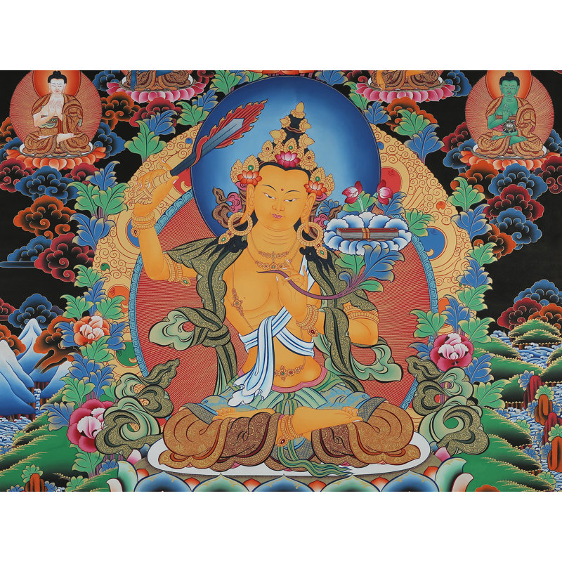 Art mural Bodhisattva Thangka de Sagesse Manjushri | Toile peinte à la main avec trinité Rpoum Gonpo | Décoration traditionnelle de méditation bouddhiste tibétaine avec or 24 carats pour bureau personnel