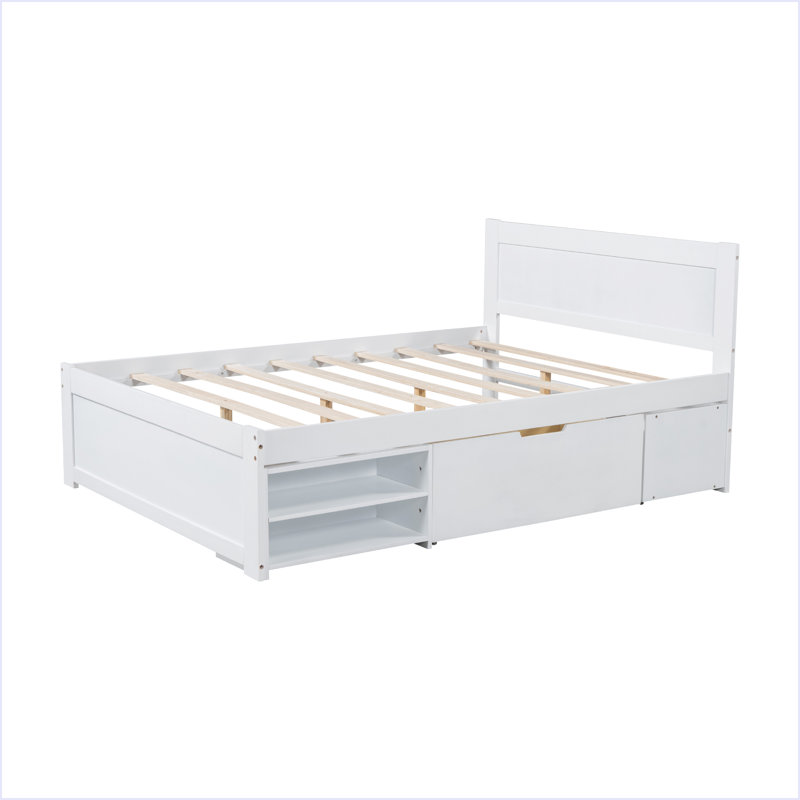 Lit plateforme double avec tiroir et deux tablettes, Blanc