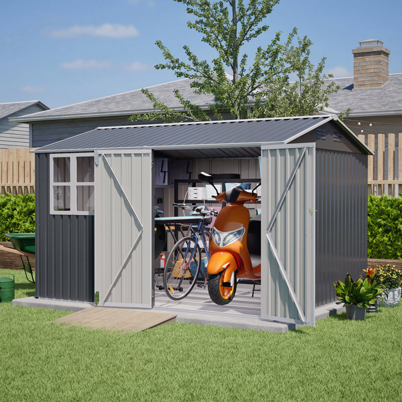 Remise de rangement extérieure en acier 10 x 8 pi avec fenêtre transparente, portes verrouillables, remise à outils en métal résistante aux intempéries