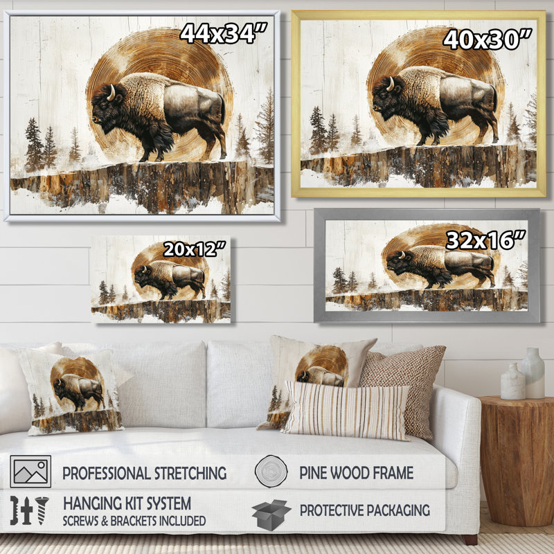 Buffle américain dans les Prairies - art mural de bison pour le salon, H 34 po x l 44 po, Cadre flottant, Doré