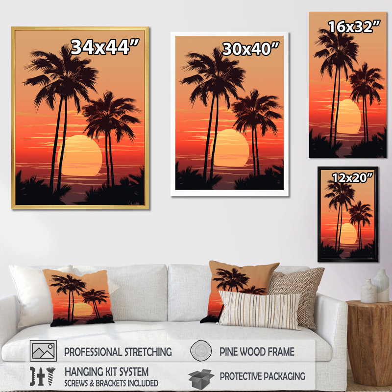 Palmier crépuscule tangerine au coucher du soleil I, Cadre simple noir, H 32 po x l 16 po x P 1 po