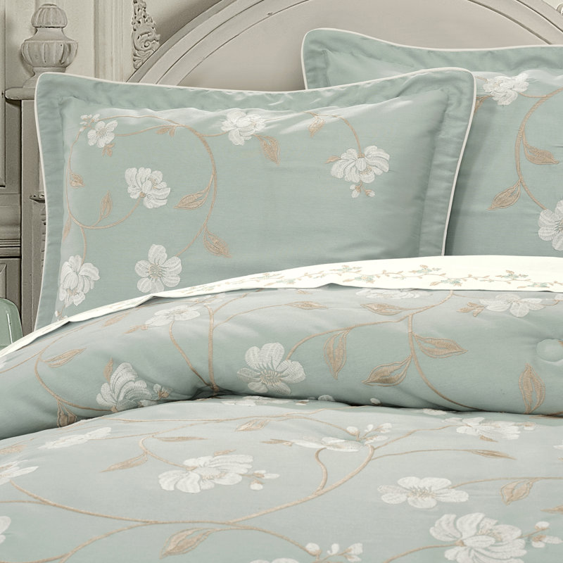 Aqua Spa Blue Floral Embroidered 4-Piece Comforter Set