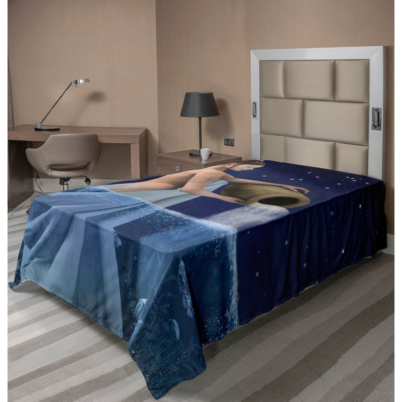 Ambesonne Zodiac Top Flat Sheet Aquarius Lady with Pail Twin Blue Dark Blue, Drap plat pour lit simple