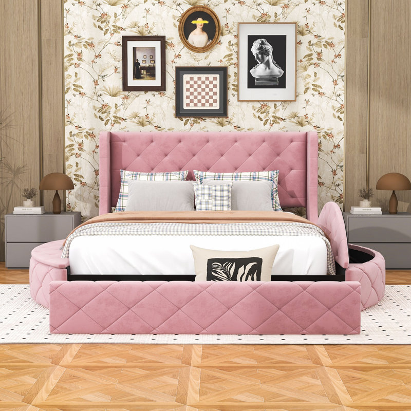 Grand lit plateforme tapissier en velours avec tête de lit à oreilles et rangement spacieux, Rose