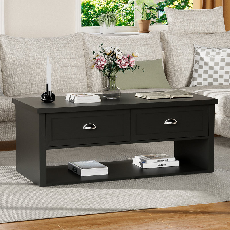 Farmhouse Coffee Table With 2 Drawers For Living Room,Black, Black