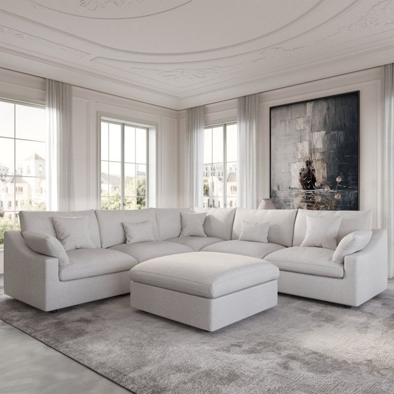6 - Piece Slipcovered Sectional With Ottoman, Beige Linen Blend