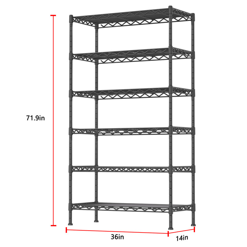Tablette en métal robuste à 6 niveaux, capacité de 1500 lb, grille de rangement réglable de 71,9 po de hauteur, unité de rangement en métal noir pour garage de cuisine (l 36 po x P 14 po)