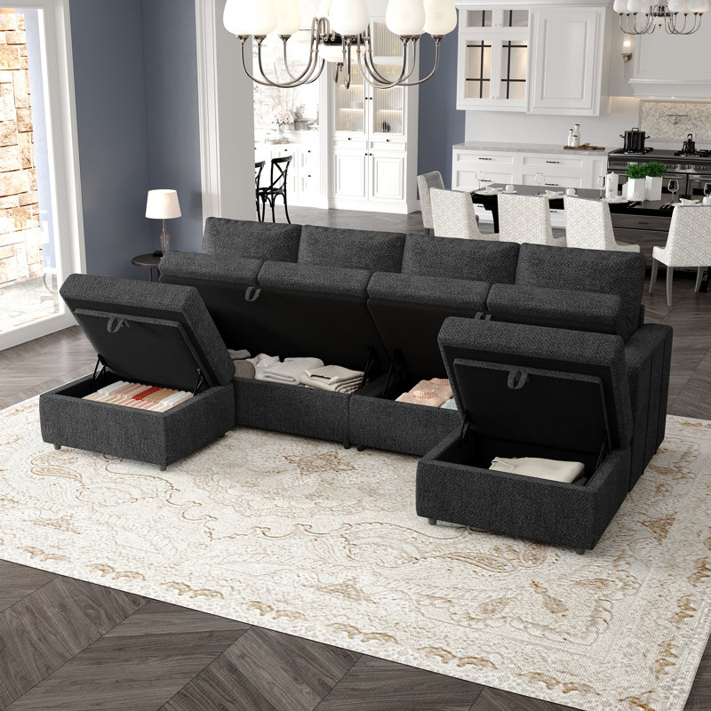 Canapé modulaire rembourré avec rangement Rafael, Chenille grise foncée