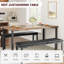 Ensemble de table de salle à manger 3 pièces pour 4 personnes Vintage - Table en bois rustique avec 2 bancs rembourrés - Ensemble de salle à manger compacte compacte - Structure en métal robuste - Sièges confortables - Couleur rétro