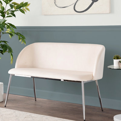 Banc en métal et velours crème avec style, revêtement élégant, pieds, pour le confort, deux sièges, utilisation intérieure seulement, limite de poids de 500 lb, assemblage requis, profondeur de 21 po, largeur de 46 po, hauteur de 30,24 po, ajout de 29 lb