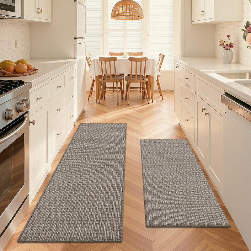 Machine Washable Non-Slip Kitchen Mat, Beige, Rectangle 5' x 1'8"