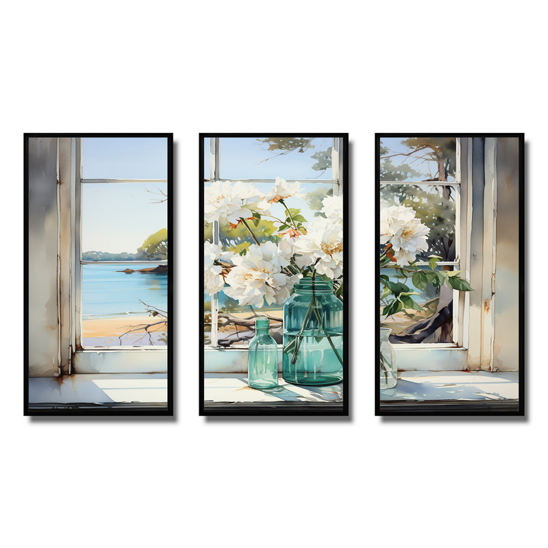 «Blue Window Beachfront View Blooms III - Coastal Windows», art mural, H 28 po x l 36 po x P 1 po, Cadre flottant noir