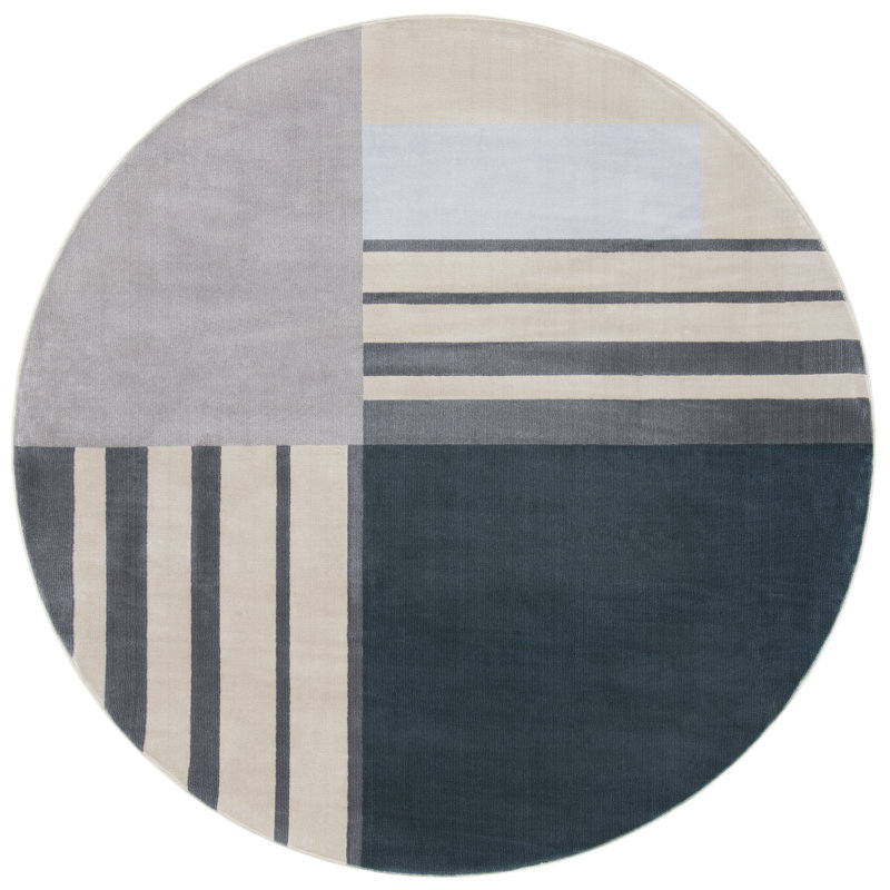 Aslin Geometric Beige/Green/Charcoal Area Rug, Round 5'3"