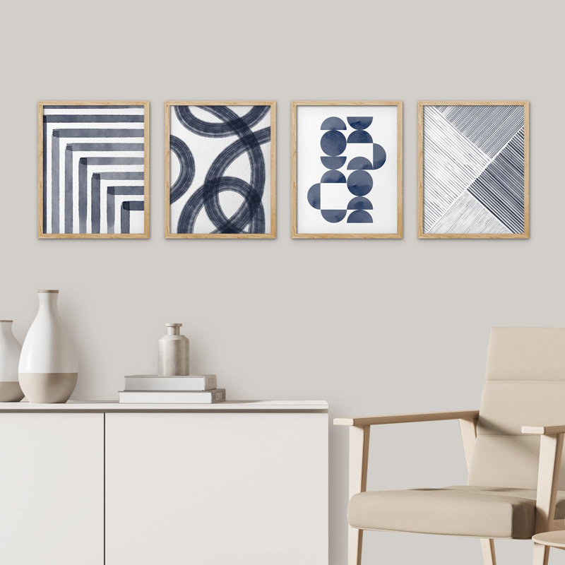 " Blue Pastel Geometric Patterns " 4 - Pieces, White, 14" H x 11" W