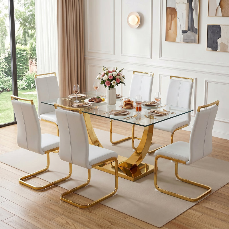 7-Piece Modern Rectangular Glass Top Dining Set with Pedestal Base and Faux Leather Cantilever Chairs, White