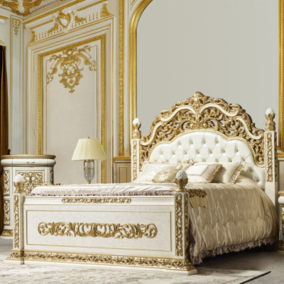 Antique White and Gold Hand Carved Bed