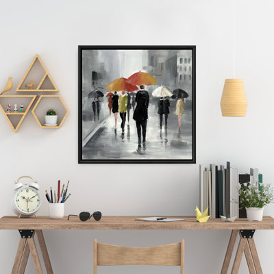 Gray Framed Canvas - Street Scene with Umbrellas Home Decor
