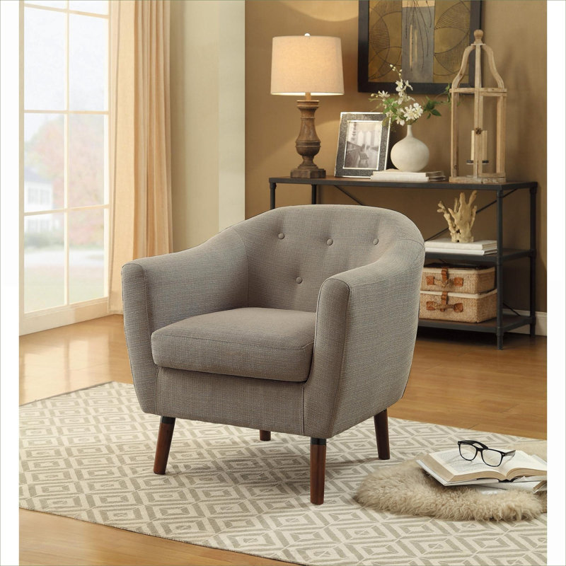 Fauteuil d'appoint Mid-Century, revêtement en tissu beige neutre, capitonné avec des pieds en bois massif espresso pour le salon