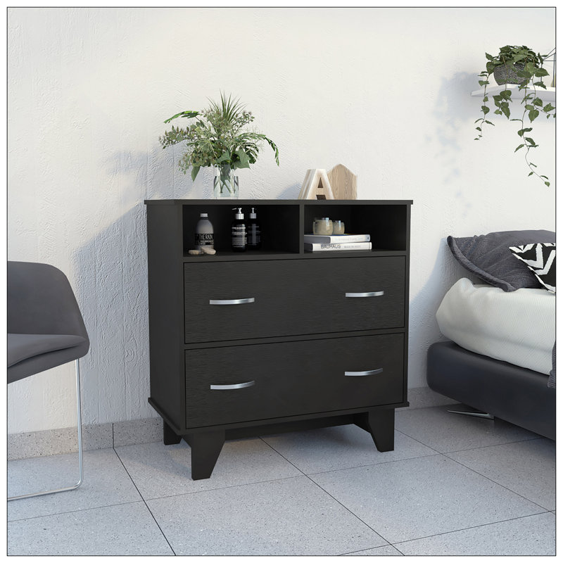 Commode 2 tiroirs Portobelo, 2 tablettes, plateau supérieur, 4 pieds, Noir