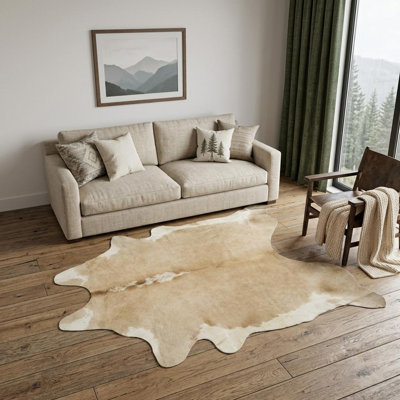 Tapis brun et blanc en cuir de vache noué à la main 5 pi x 7 pi
