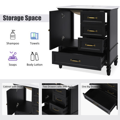 30" Bathroom Vanity with Sink – Solid-Wood Legs, MDF Cabinet, Soft-Close Door, Three Drawers, Adjustable Feet