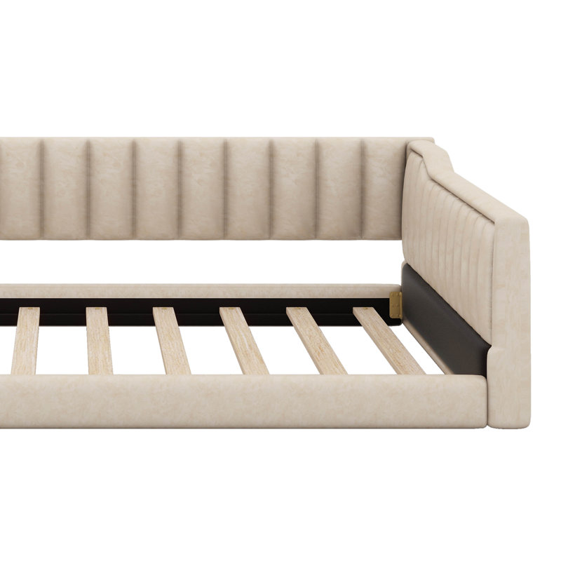 Lit de jour double rembourré en velours de taille très grande avec pochette de rangement latérale, Beige