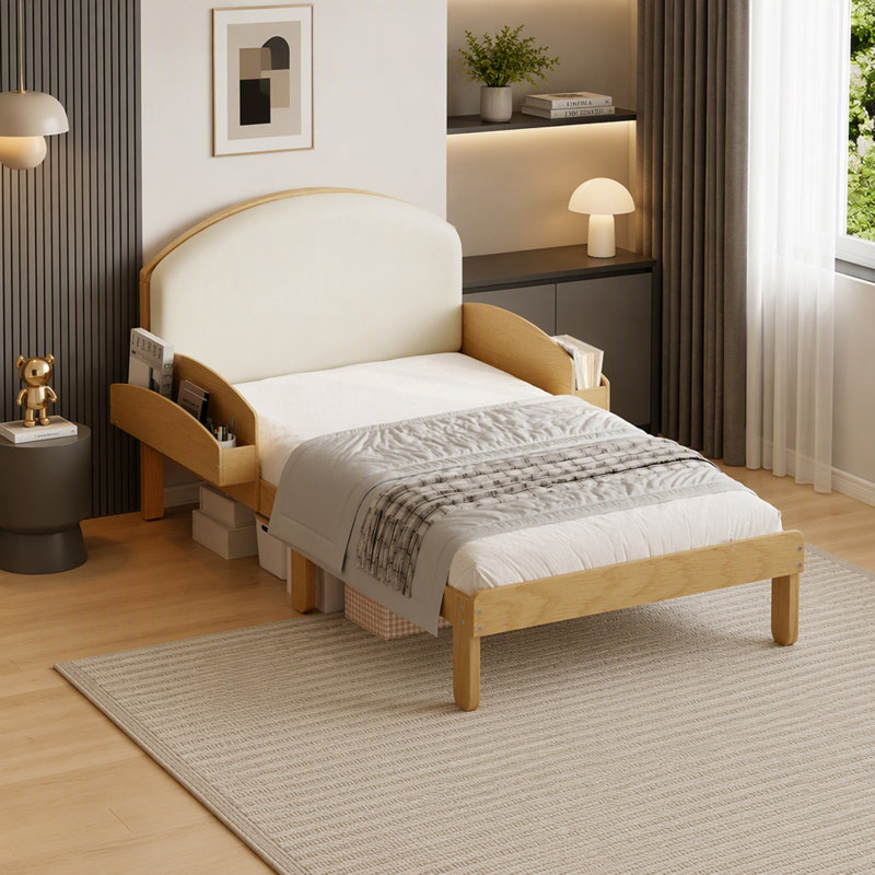 Lit simple avec tête de lit rembourrée et tablettes, Naturel