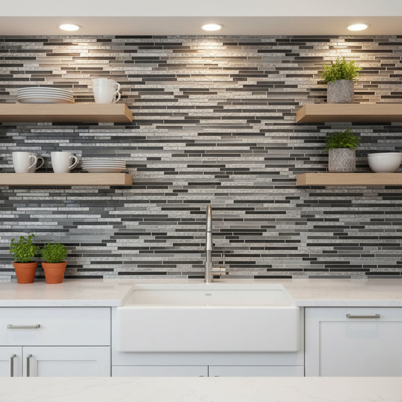 Denver 12" x 12" Natural Stone/Glass Linear Mosaic Wall & Floor Tile, Charcoal