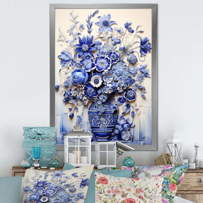 «Blue and White Boho plant Pottery II», impression sur toile Boho Pottery, Toile tendue, H 32 po x l 16 po x P 1 po