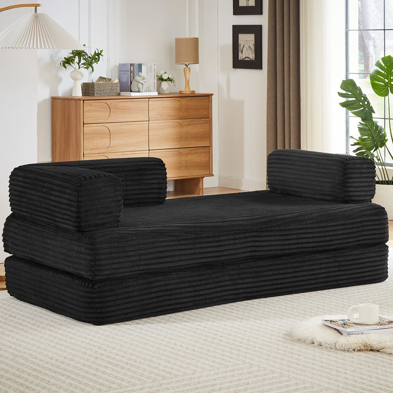 Canapé d'angle modulaire 2 places Cloud en velours côtelé noir, sans dossier, pour salon, confortable et multifonctionnel, sans assemblage, prêt à l'emploi.