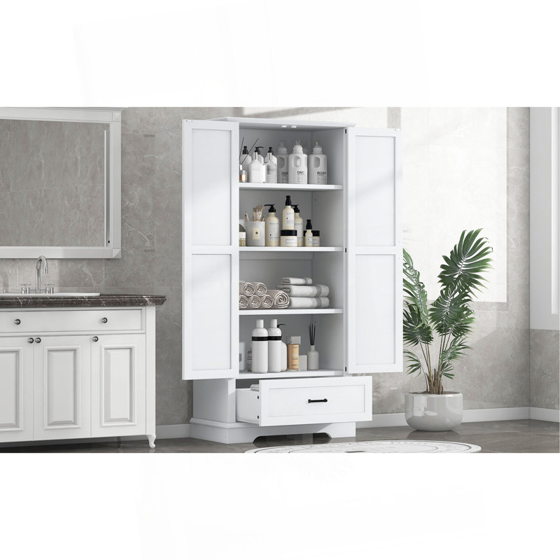 Tall Bathroom Storage Cabinet, Cabinet With Two Doors And One Drawer, Adjustable Shelf