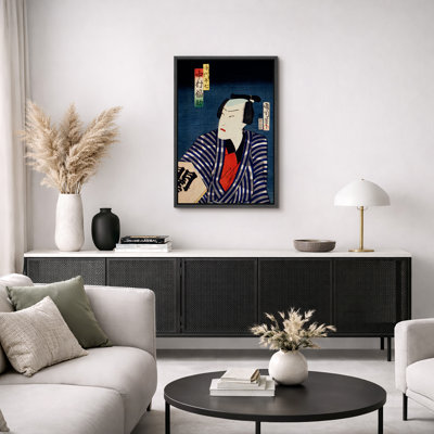 Portrait japonais d'kiyô-e avec une œuvre d'art kimono rayé bleu, images d'acteur de kabaki rétro, impression sur toile encadrée