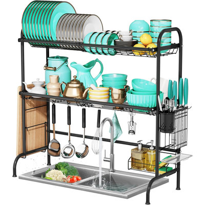 2 Tier Stainless Steel Over The Sink Dish Drying Rack with Utensil Holder